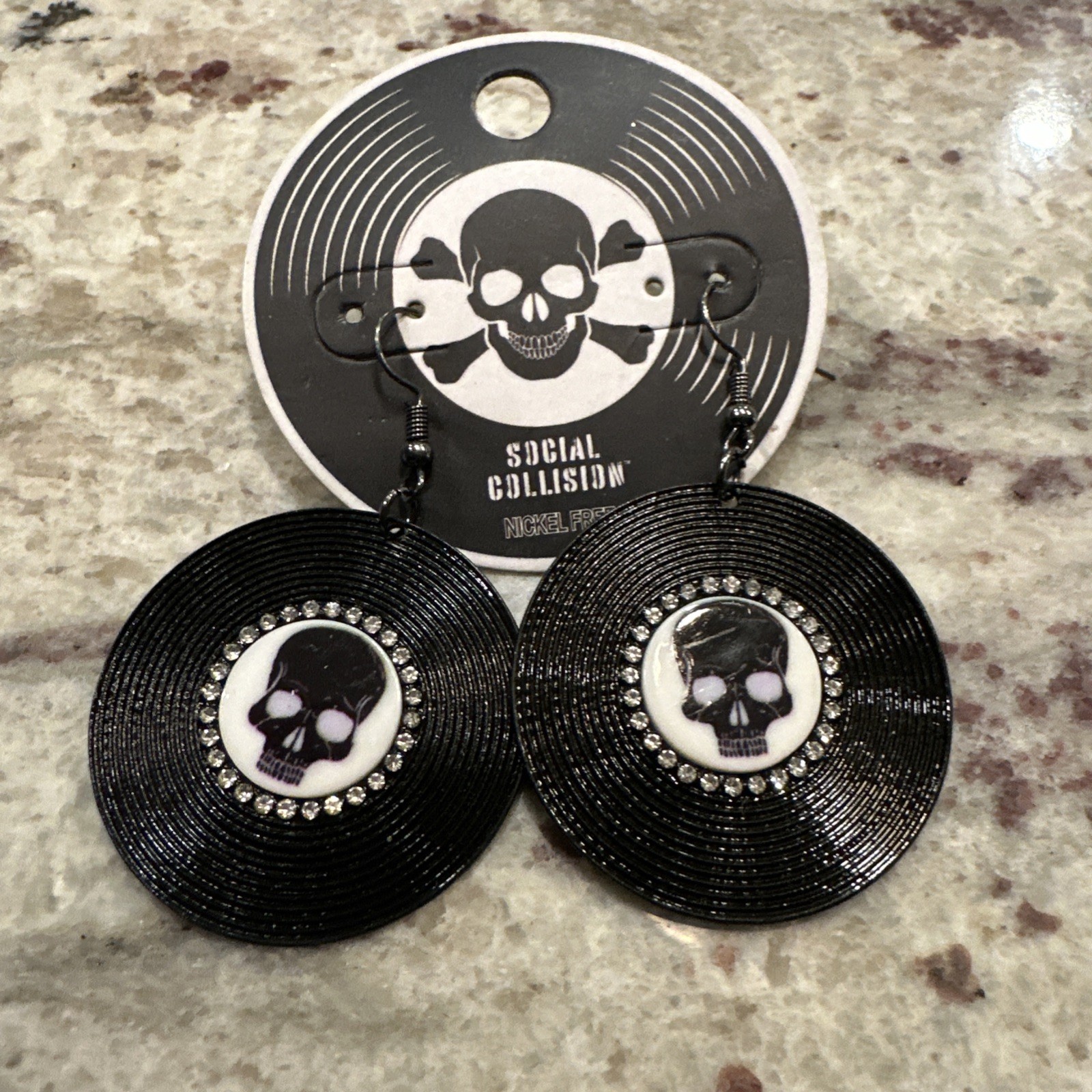 Hot Topic Social Collision Skull Record Drop Earrings