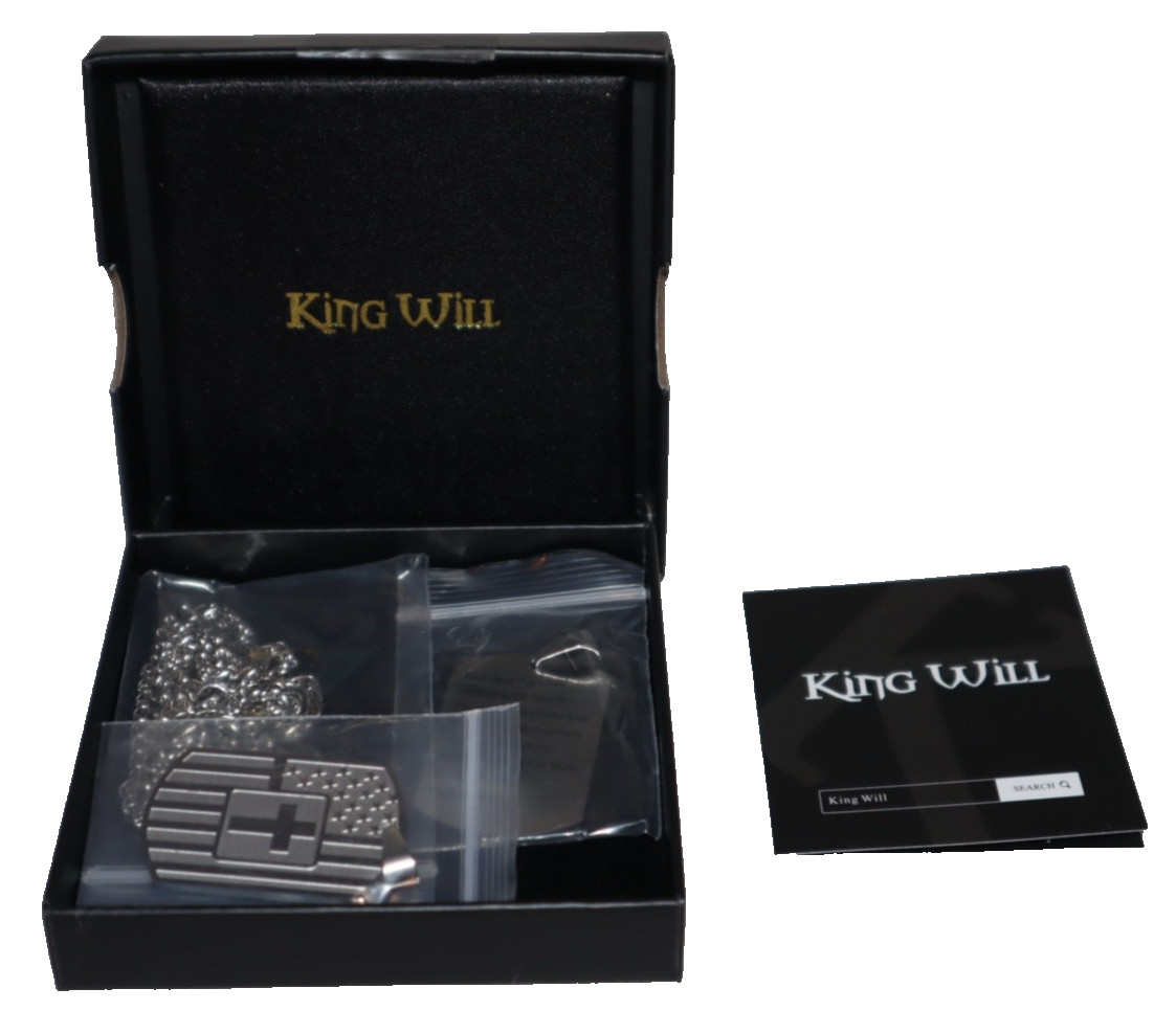 KING WILL US FLAG & CROSS ENGRAVED DOG TAG NECKLACE SET CHAIN BUNDLE NEW