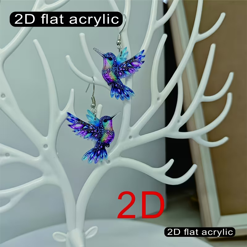 1 Pair, Charming and Cute Colorful Hummingbird Acrylic Earrings
