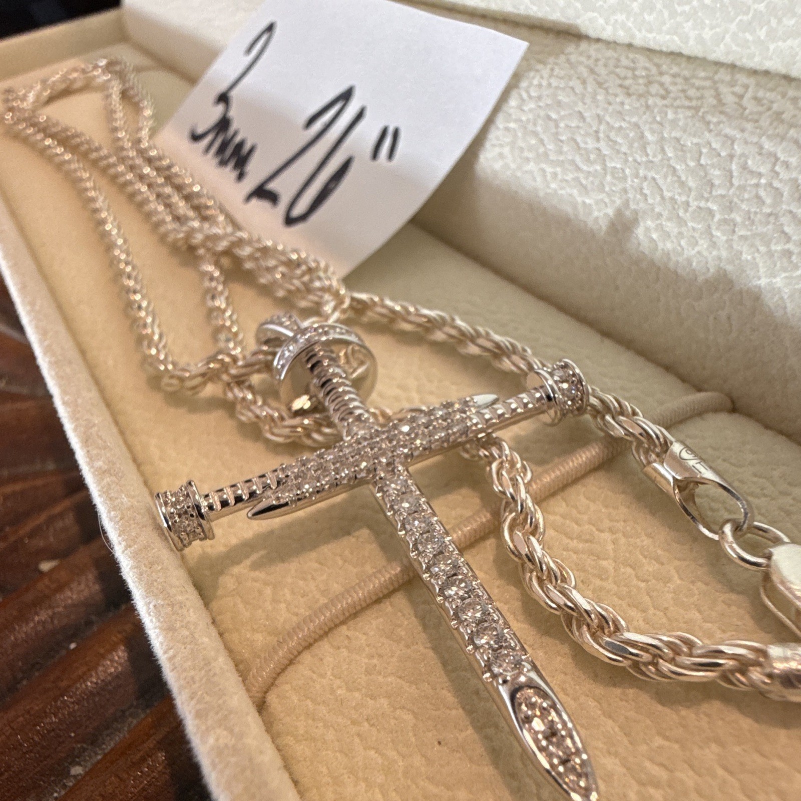 3mm 26in SOLID 925 (23g) Rope Chain w Moissanite Triple Nail Cross