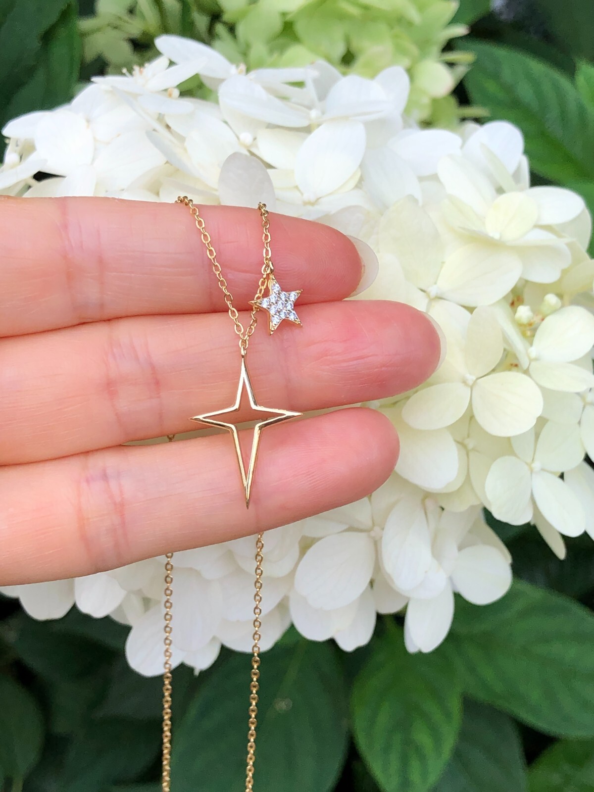 925 Sterling Silver Cz Star & North Star Pendant Charm Necklace Gold 7mm/19mm