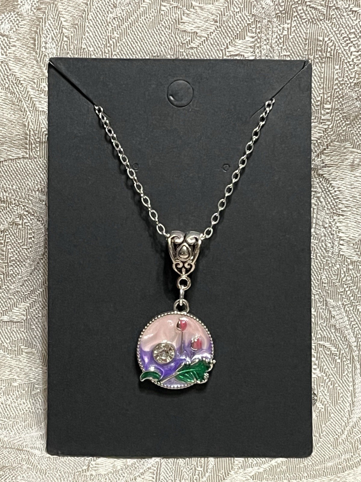 Retro Floral Gem Enamel Pendant Silver 18” Necklace Bohemian Floral Novelty