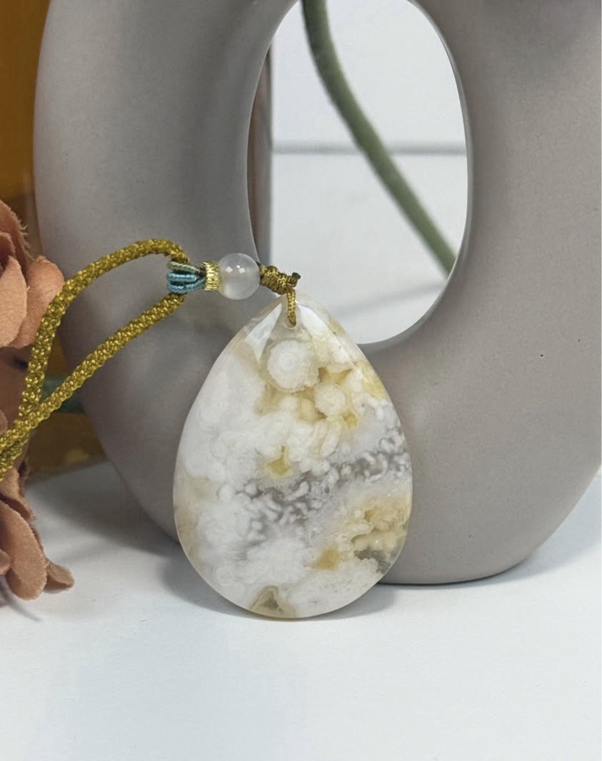 Flower Agate Yellow Pendant Necklace 43.8/8.1MM on Adjustable Nylon