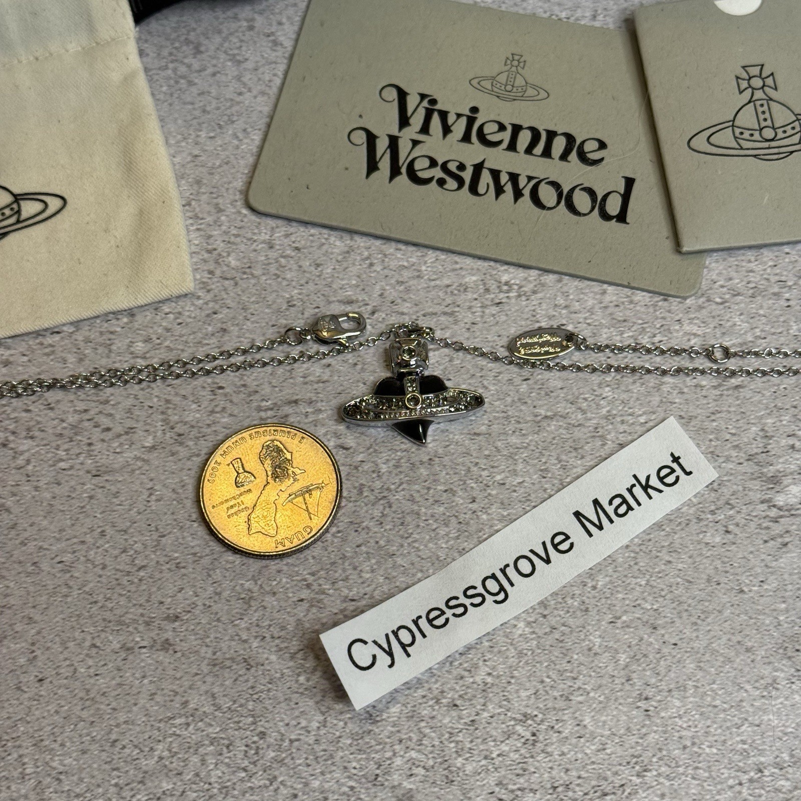 Used Vivienne Westwood Necklace Black Diamante Heart WITH PACKAGING