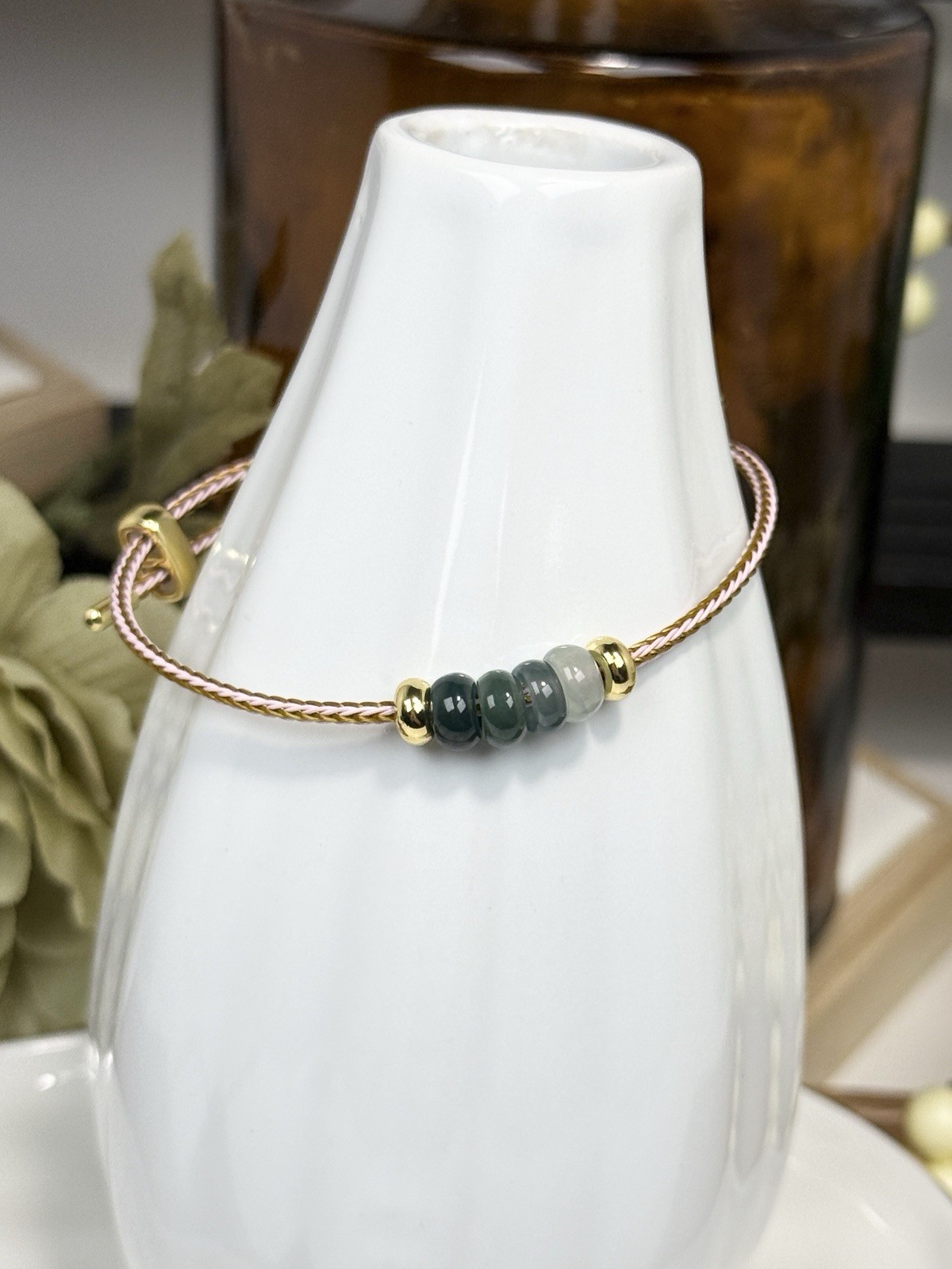 Blue Water Jade Blue Gradient Donut Pendant Bracelet 6.9MM Pink Adj Nylon Cord