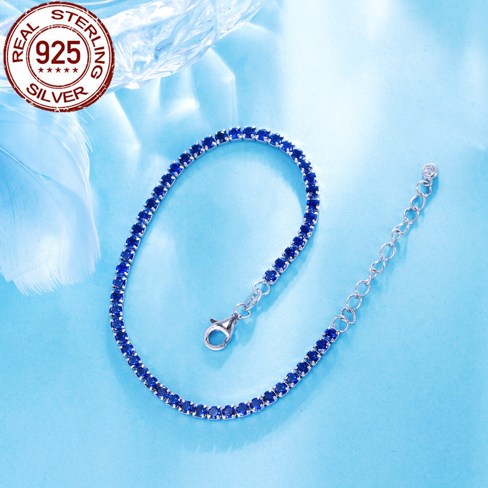 Royal Blue Round Cubic Zircon 925 Sterling Silver Tennis Bracelet for Women Gift