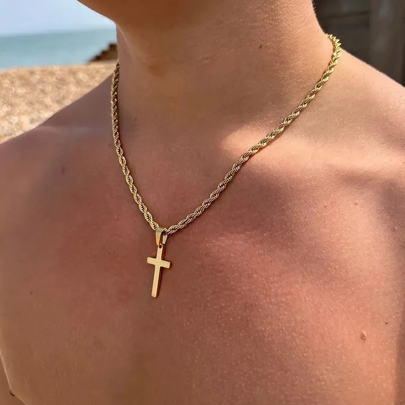 1pc Stainless Steel Cross Pendant Necklace Gold Chain Jewelry for Men Women