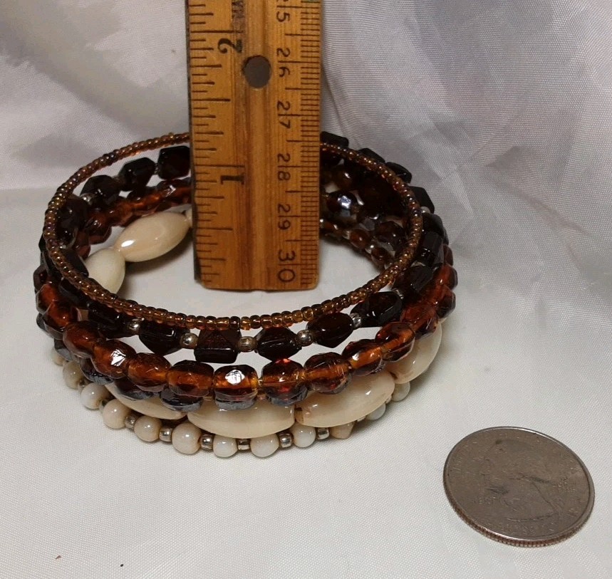 Bracelet Brown Beige Wrap Coil Multi Colors Different Kind Of Beads Wide 1.5″