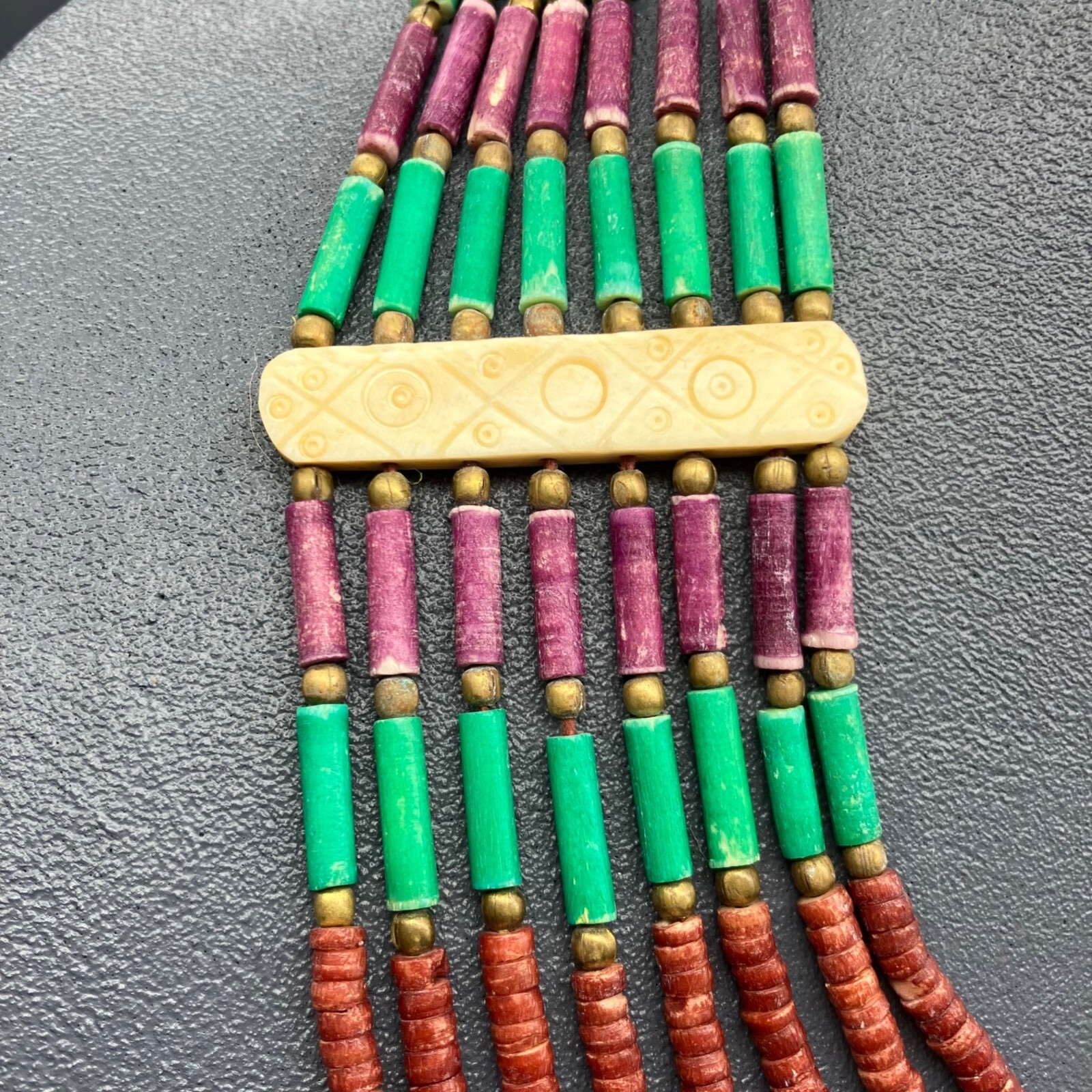 Seven Strand Statement Necklace Ivory Bar Purple Green Maroon Gold Round Button