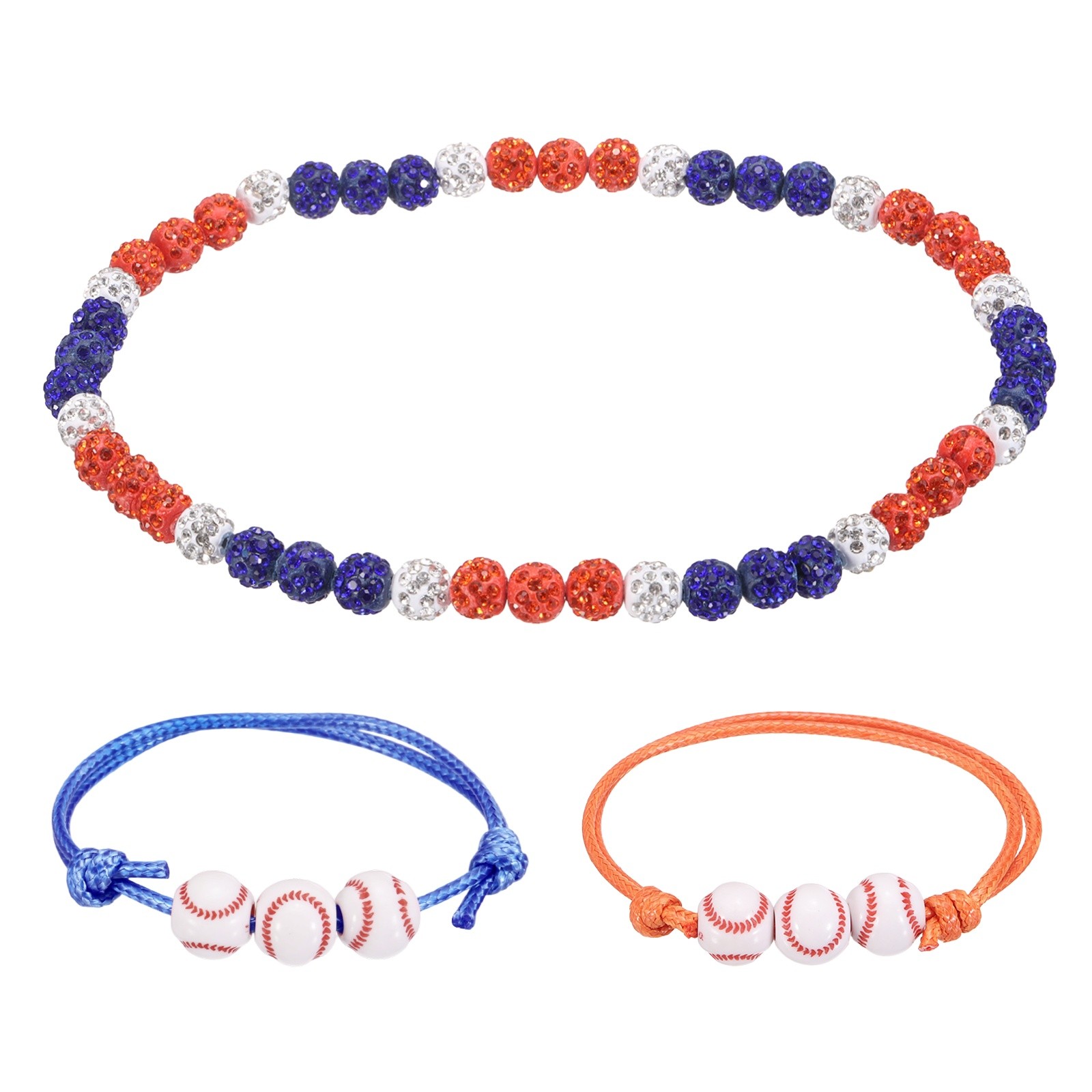 3Pcs, Baseball Necklace 18″ Bling Beaded Chain Bracelet Orange/Blue