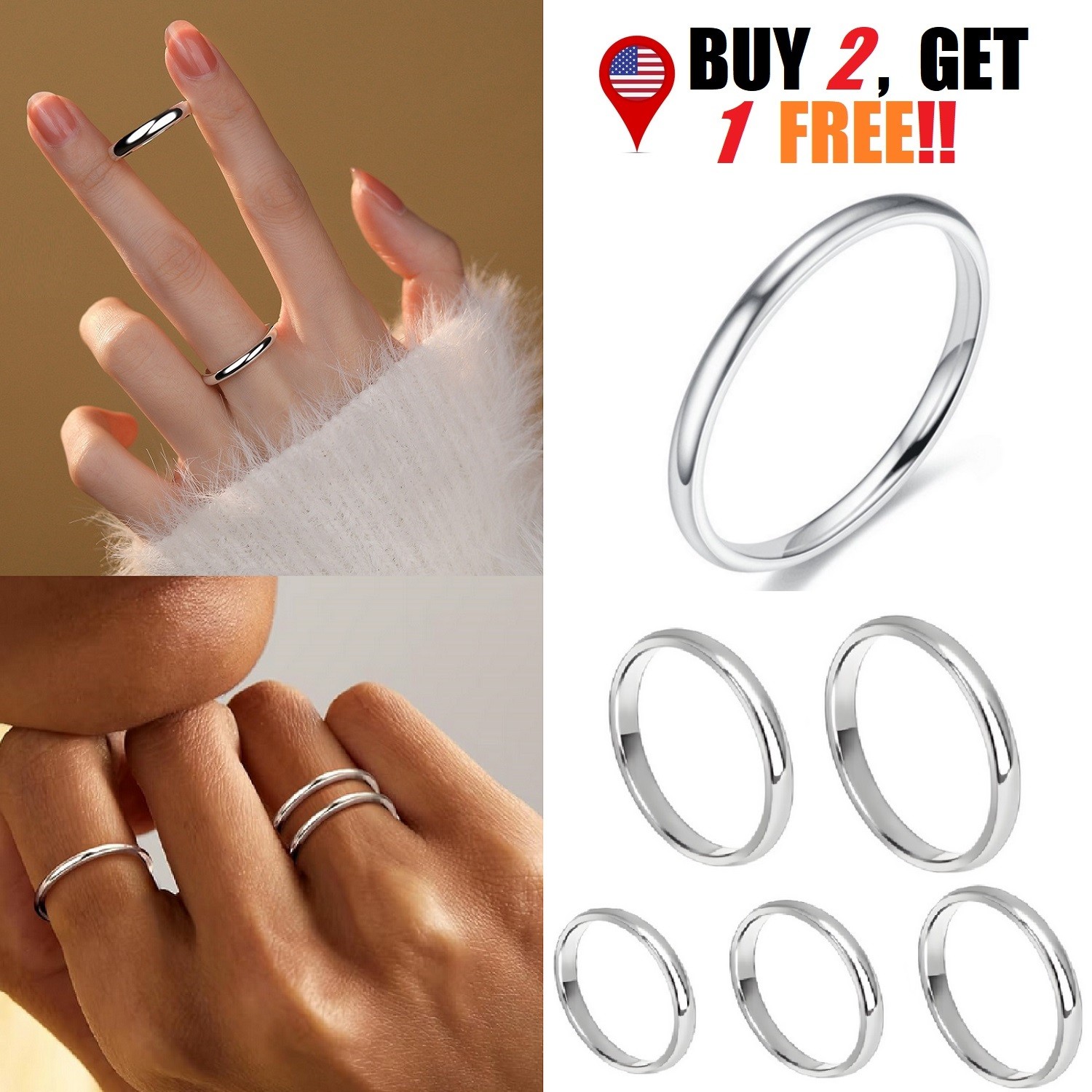 2mm Solid Stainless Steel Plain Thin Ring Silver Polished Band Gift Size 6 to 10