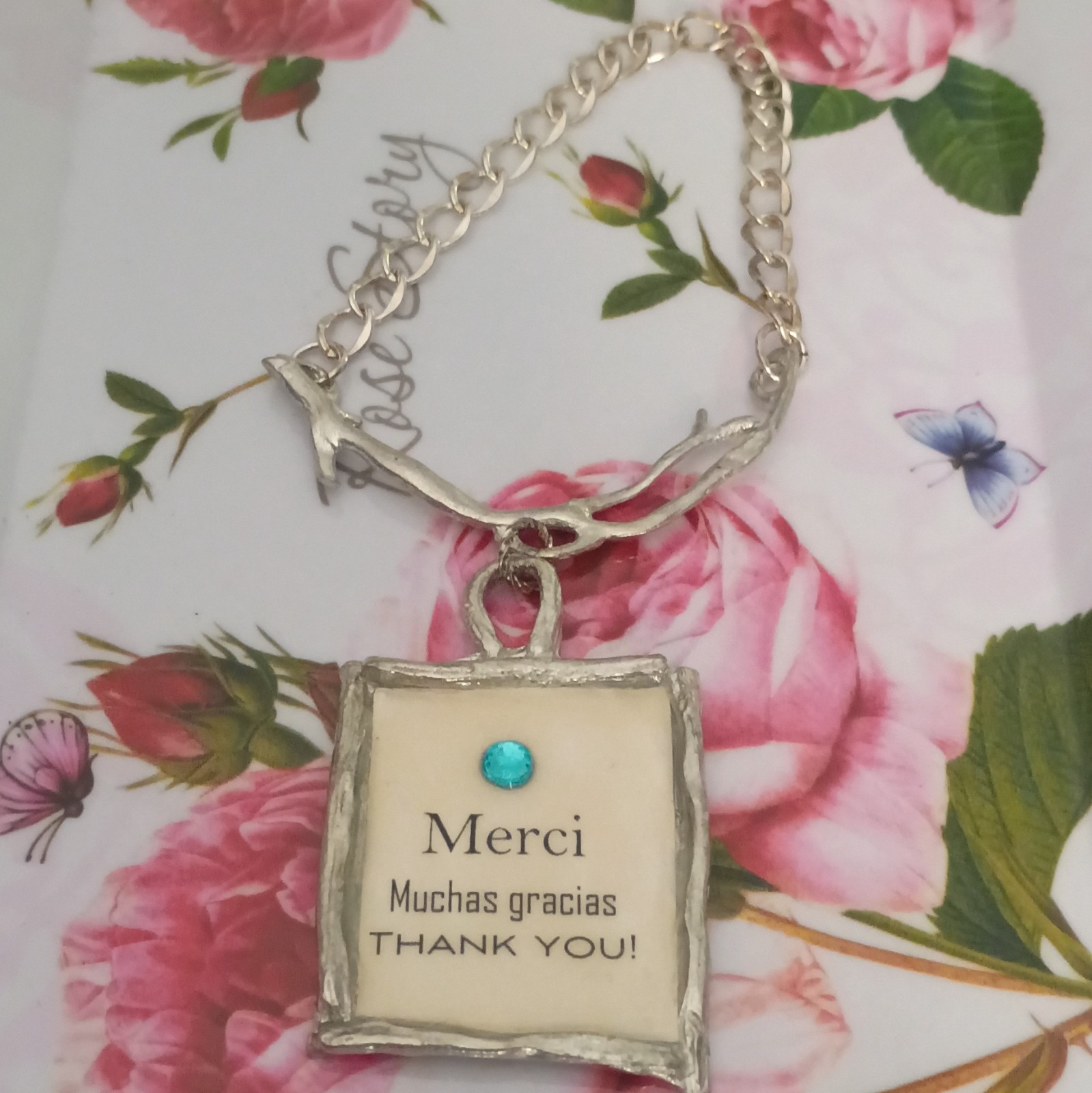 Alise Sheehan signed Thank You charm cable necklace blue crystal Charm