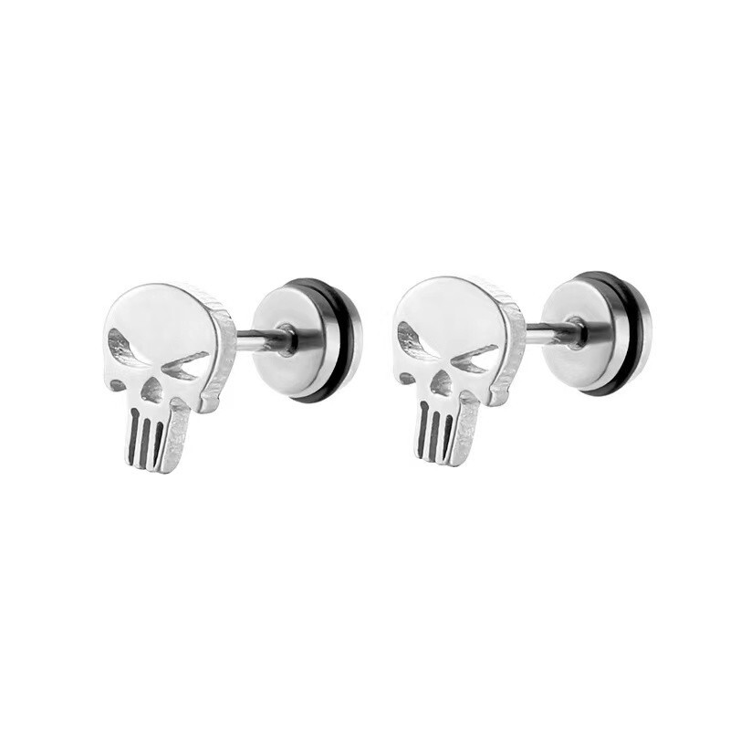 Men Silver Punisher Skull Stud Earrings Surgical Steel Punk Retro Rock Jewelry