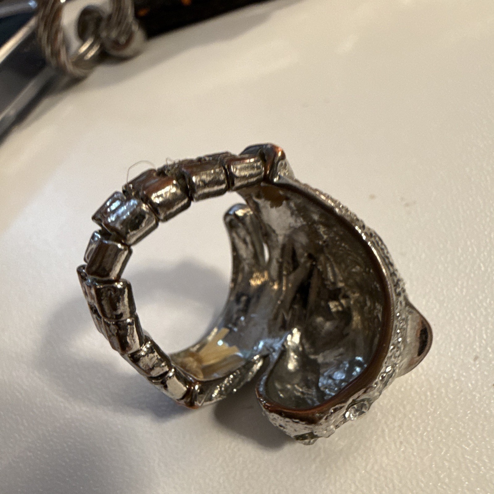Silver Tone Adjustable Wrap Cocktail Ring Size 9 Clear Rhinestones Black Accents