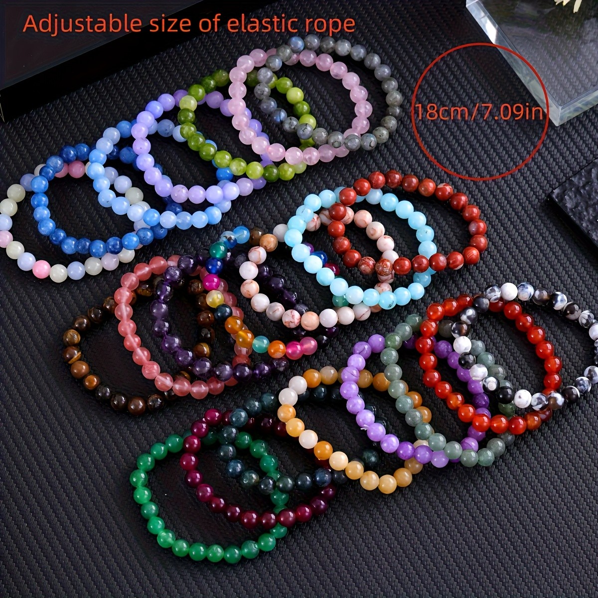 17Pcs Stone & Glass Bead Bracelet Bulk Elastic Set for Men Women Daily Wear Gift