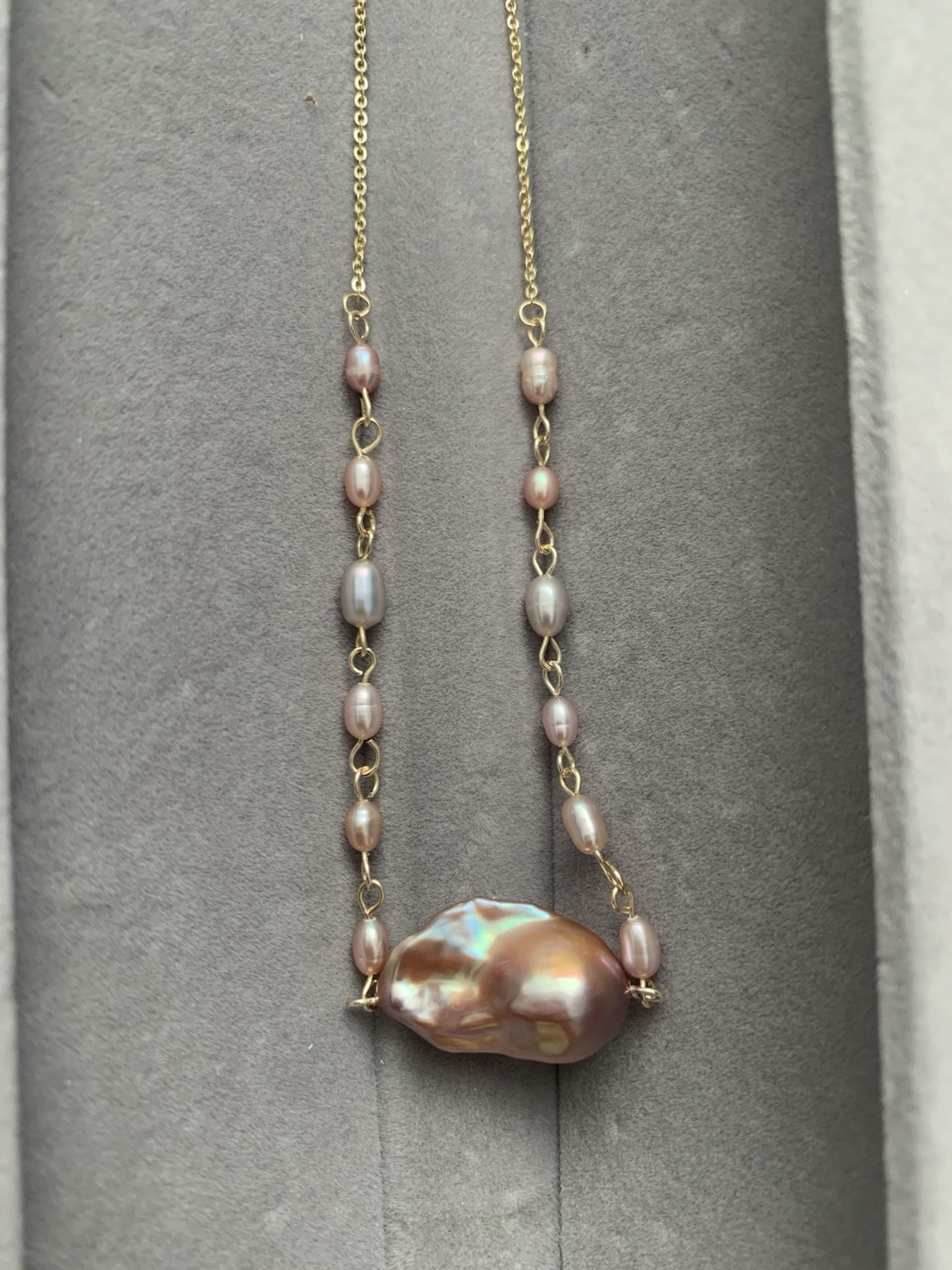 Original Designer Handcrafted Iridescent Baroque Pearl Choker Gold chain Jewelry
