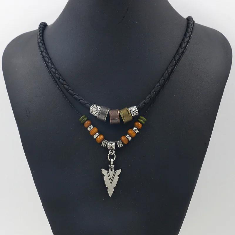 Layered Leather & Beaded Necklace – Vintage Tribal Arrow Pendant for Men