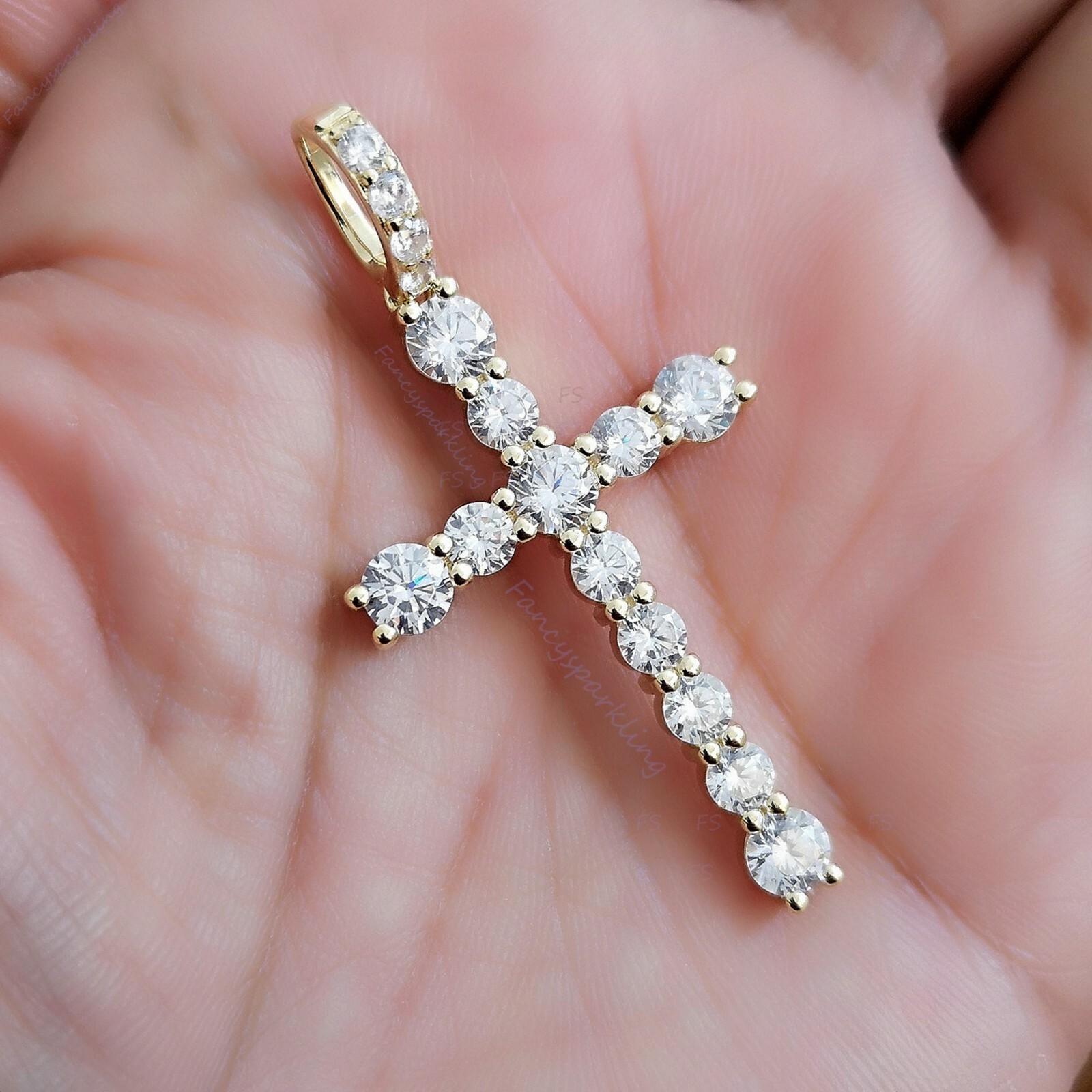 5 Ct Simulated Diamond Cross Pendant Necklace Free Chain 14K Gold Plated Silver