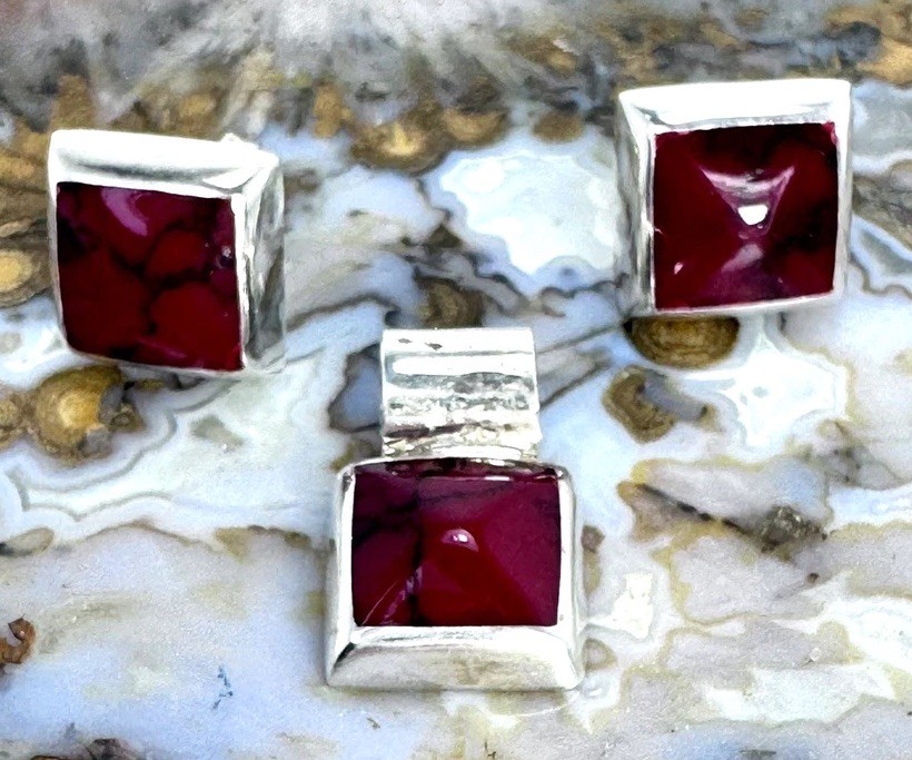 Mexican Sterling Silver Red Jasper Black Vein Slider Pendant & Earrings 925