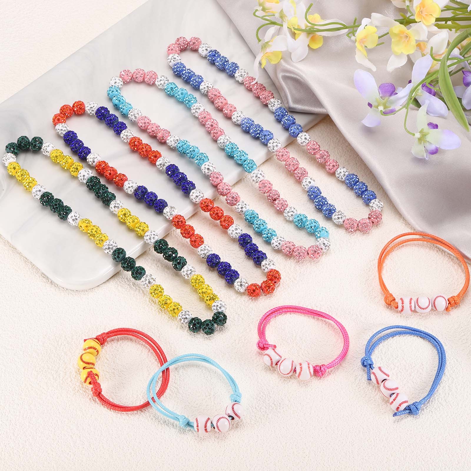 3Pcs, Baseball Necklace 18″ Bling Beaded Chain Bracelet Pink/Green