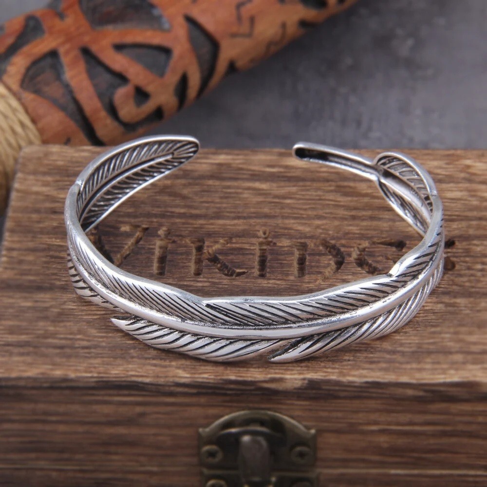 Retro Vintage Feather Cuff Bracelet Silver Alloy Steel Wrist Bangle Jewelry Gift