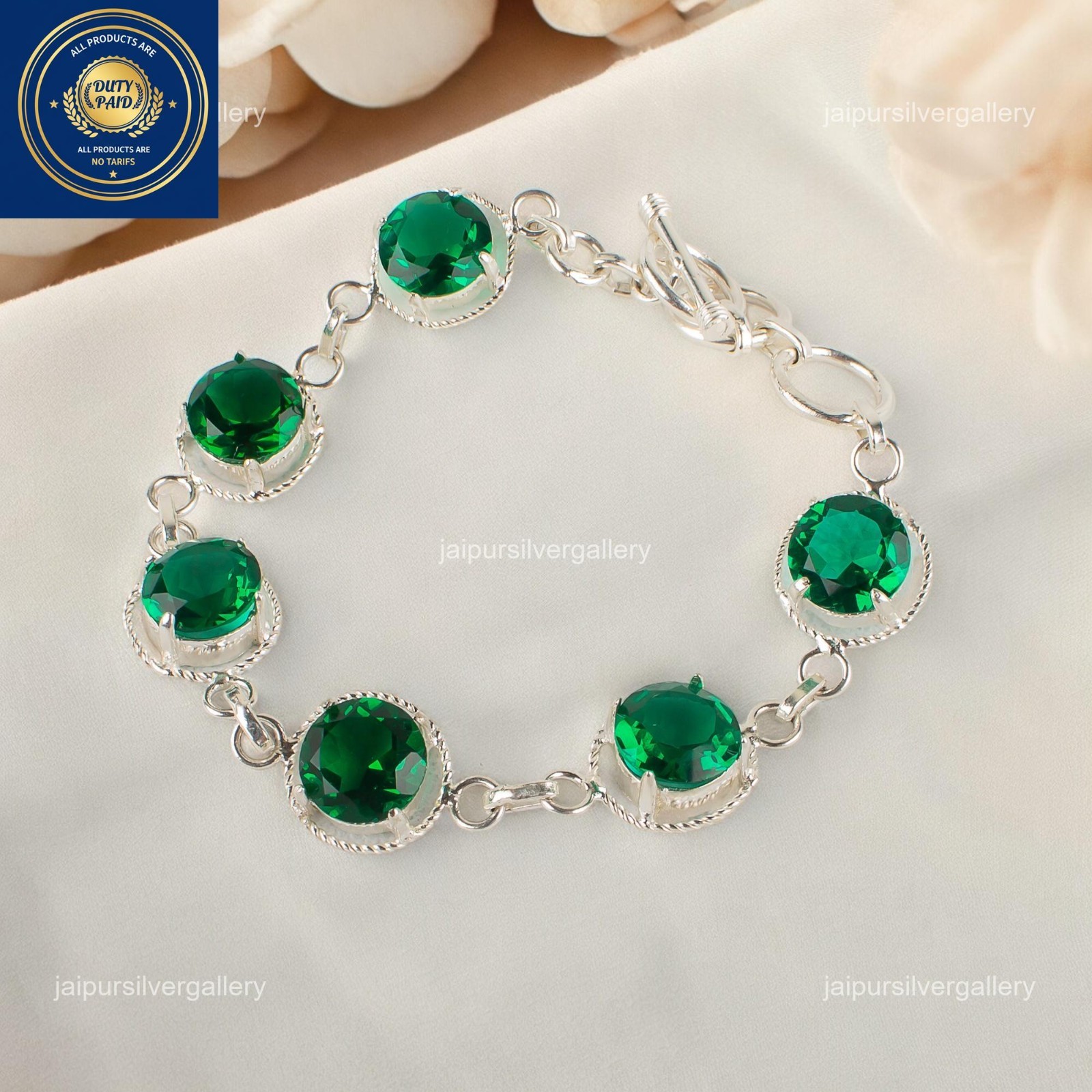 Emerald Gemstone Jewelry Sterling Silver Handmade Elegant Bracelet 7.8″For Women