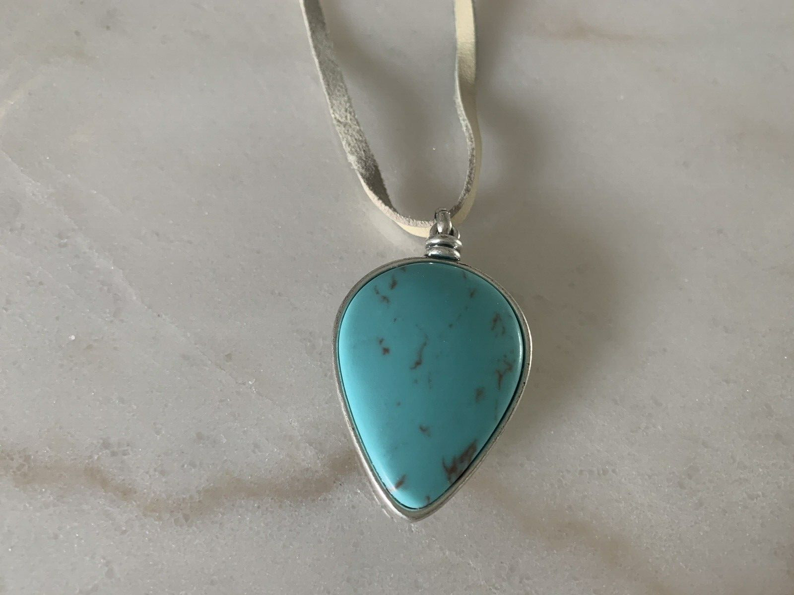 Leather Necklace with Faux Turquoise Teardrop Pendant, other Side w/ Faux Opal