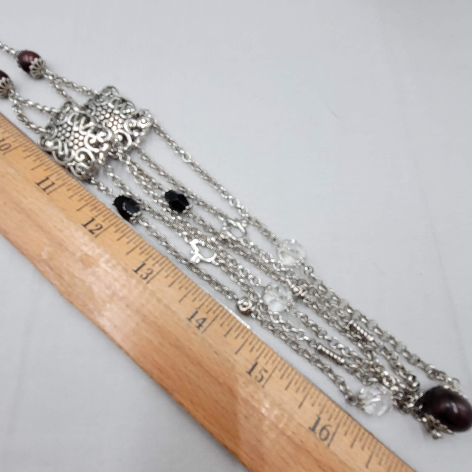 Wood Bead Layered Chain Necklace Silver Plated Filigree 34″ adj
