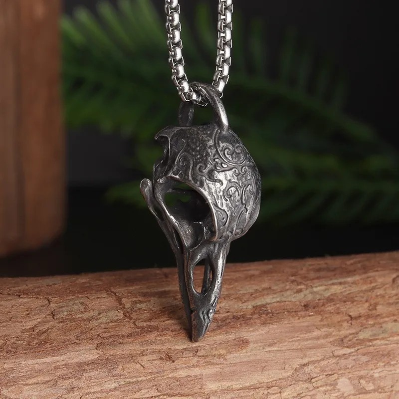 Nordic Crow Skull Pendant Necklace, Bird Amulet Jewelry Gift for Men Perso