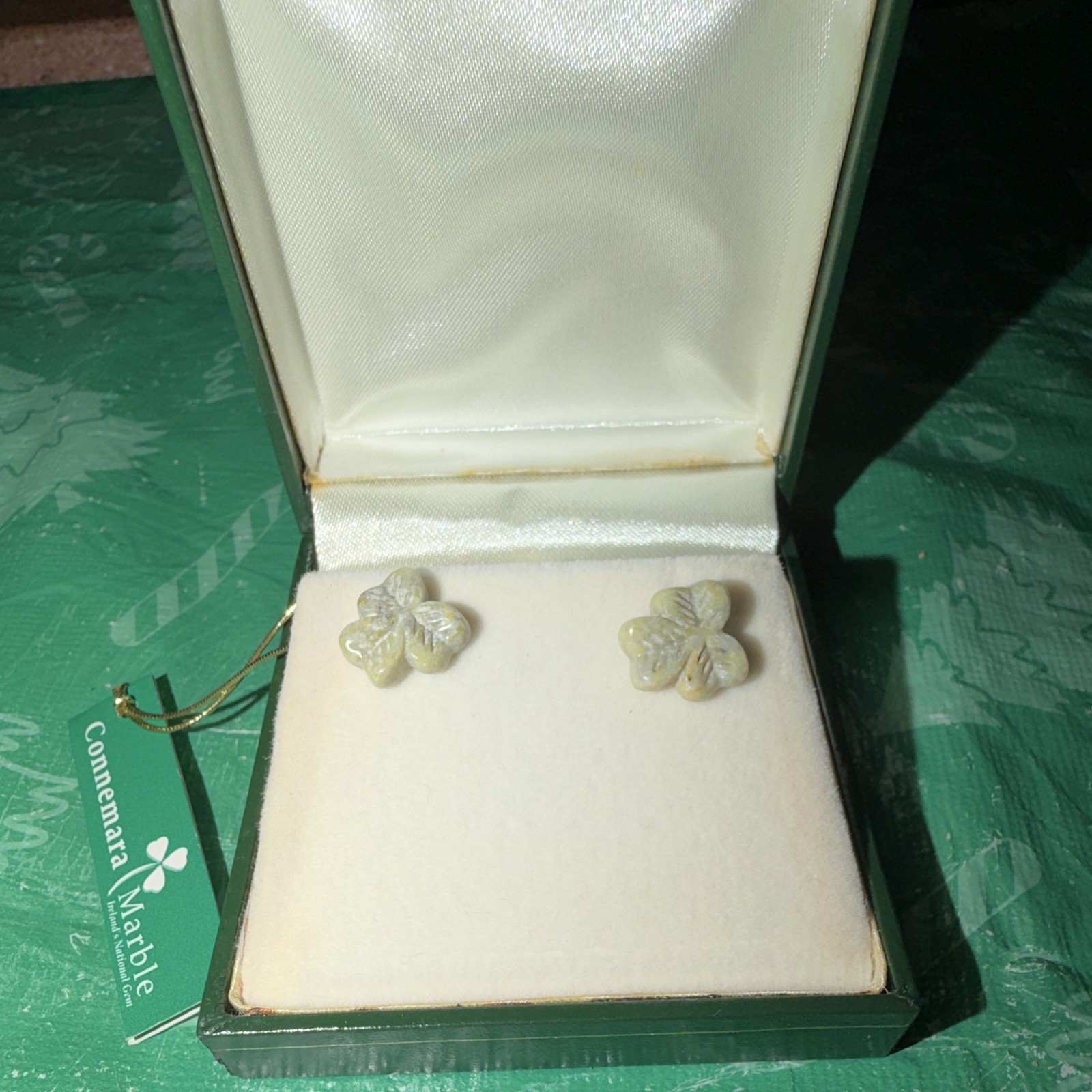 Connemara Marble Shamrock Clover Stud Earrings Green Stone Nickel-Free Butterfly