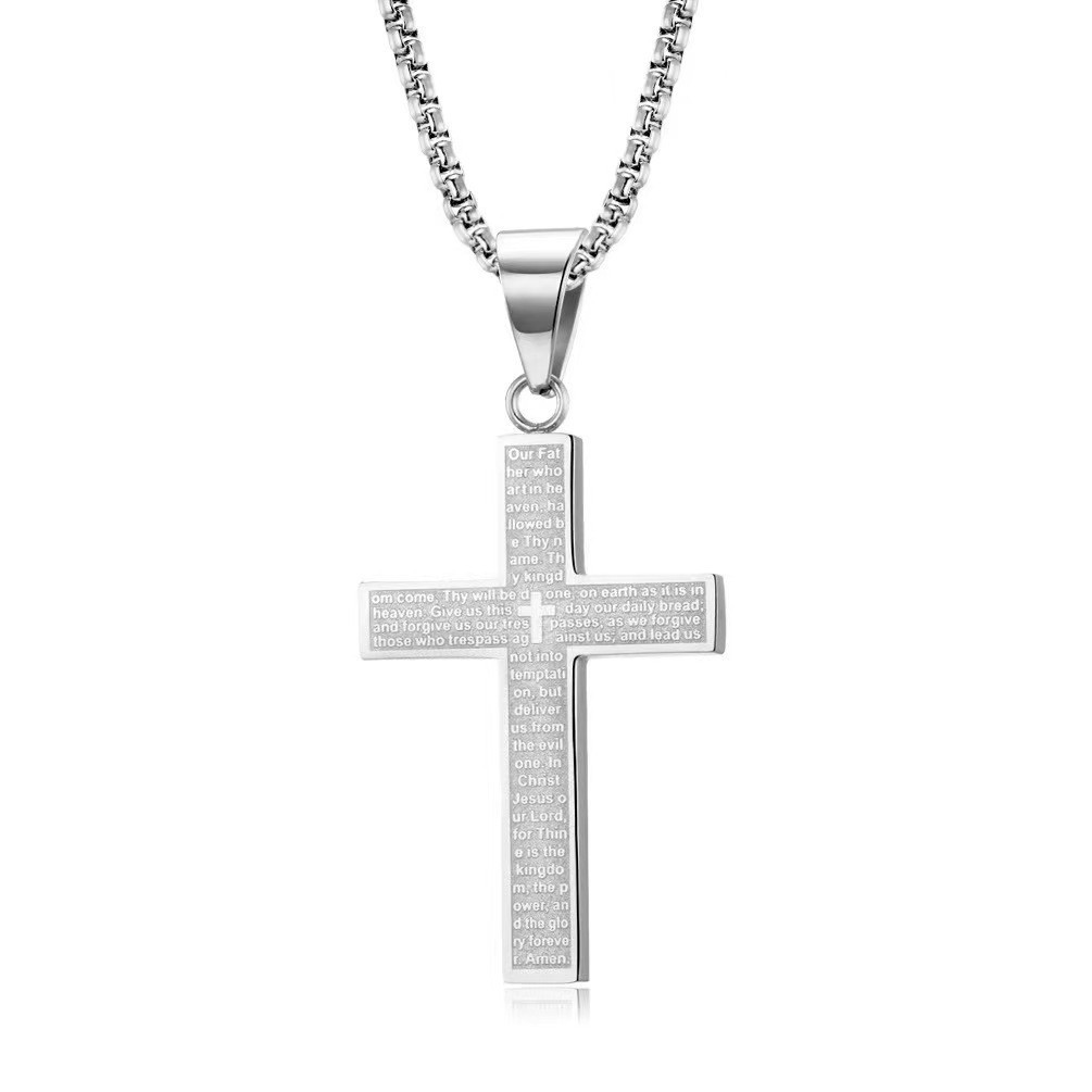 Unisex Stainless Steel Engraved Cross Pendant Faith Religious Wearable Necklace
