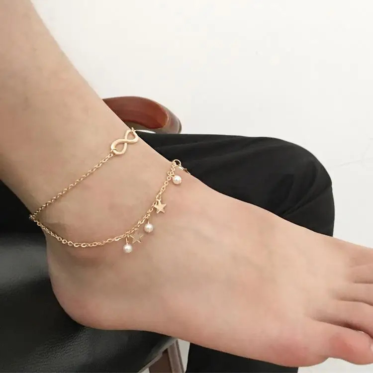 Simple Tassel Double Star Pearl 8 Word Female Anklet Barefoot Crochet Sandals Fo