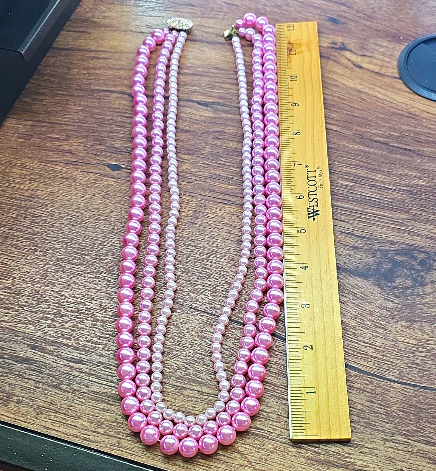 Pink Faux Pearl Multi-Strand Beaded Necklace, Rhinestone Box Clasp, 19-24in