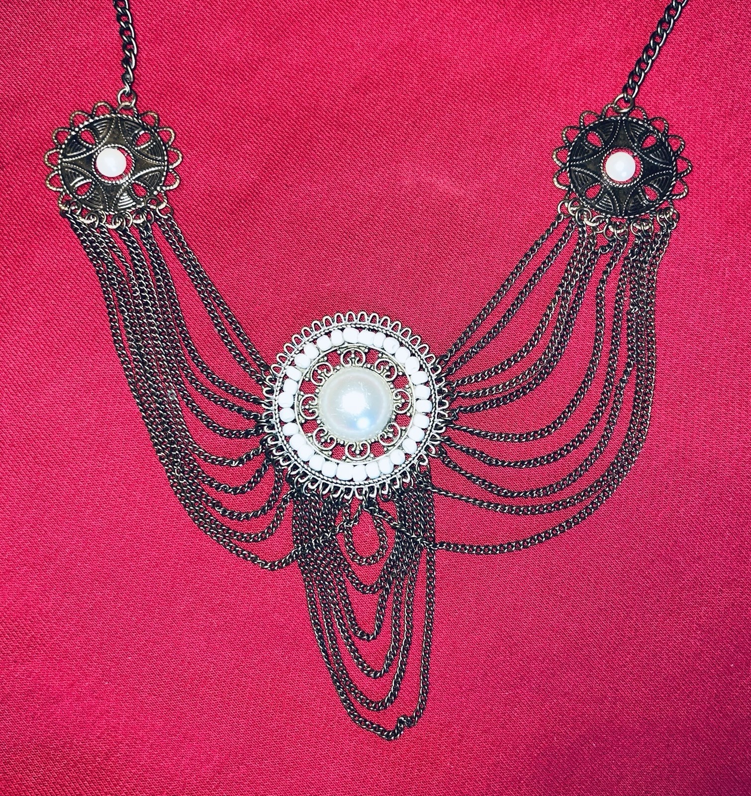 Silver Statement Bib Necklace With Round Pendant And Multi-Chain Metalwork