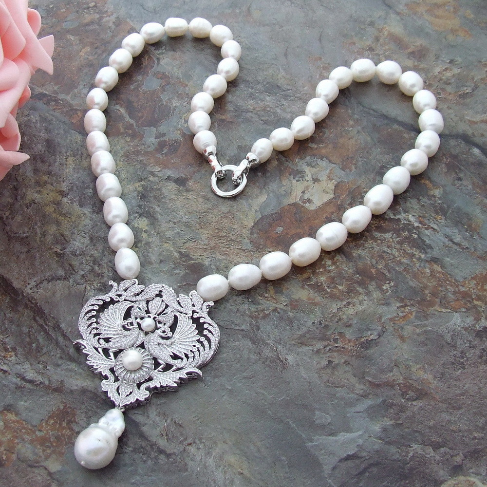 24” 14x26MM White Rice Pearl Necklace  CZ Pendant