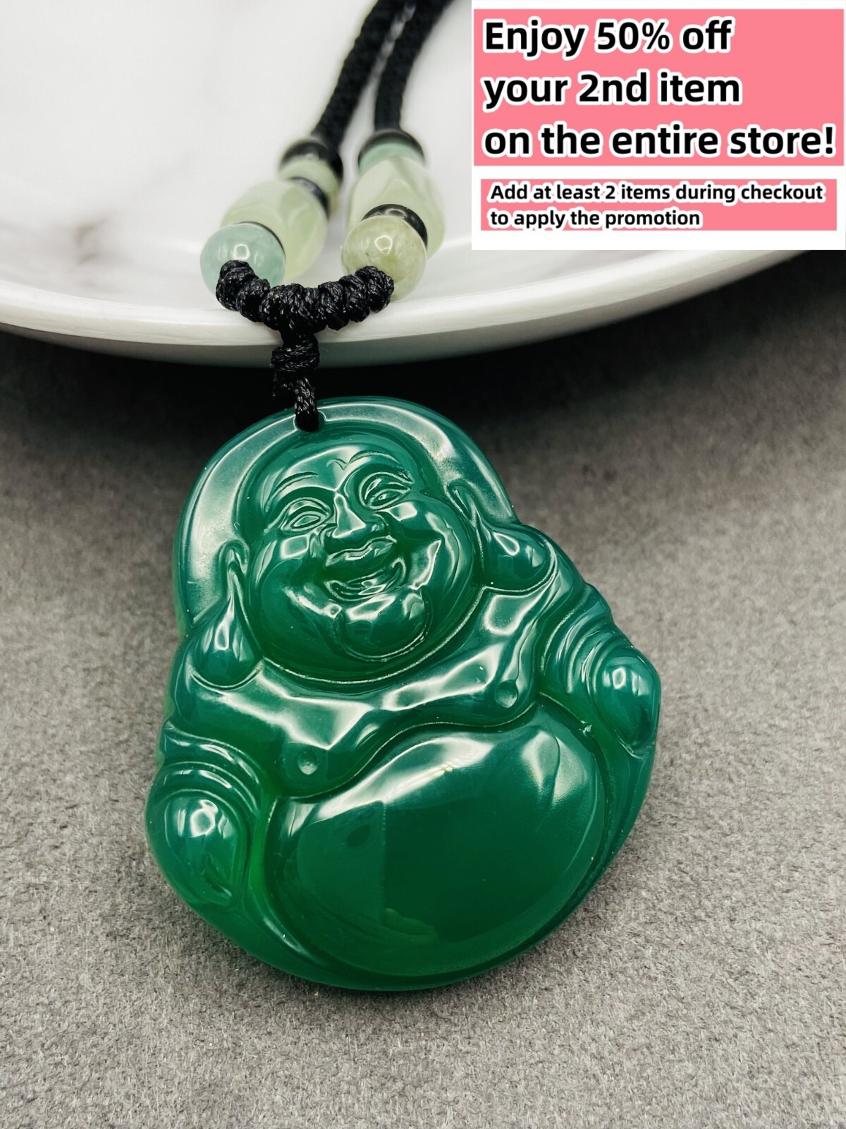 Jade Buddha Charm Pendant Necklace W/ Beads Cord Handmade Carved Green Gemstone
