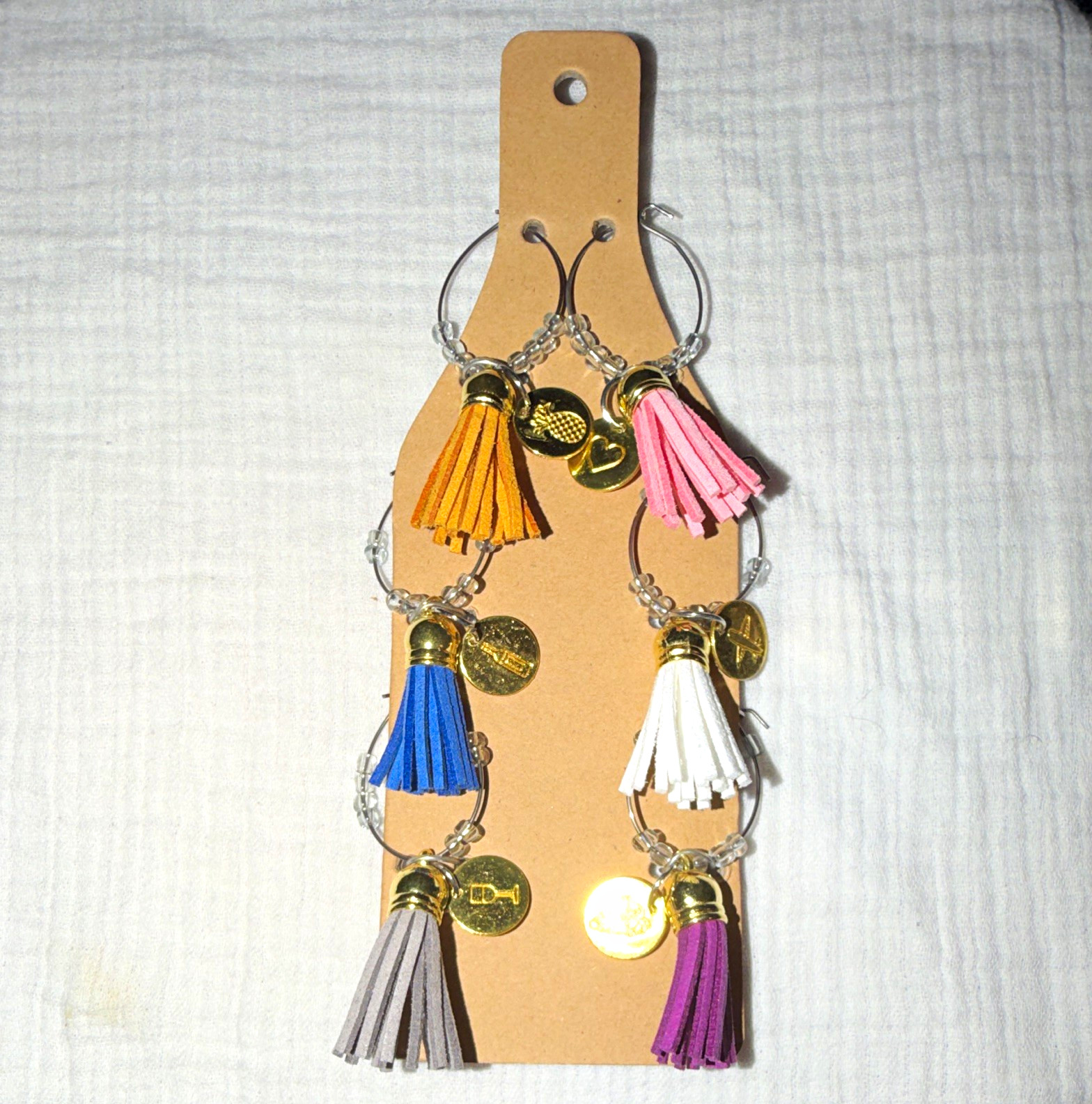 Multicolor Faux Leather Tassel Hoop Dangle Wine Glass Markers with Hook Closure