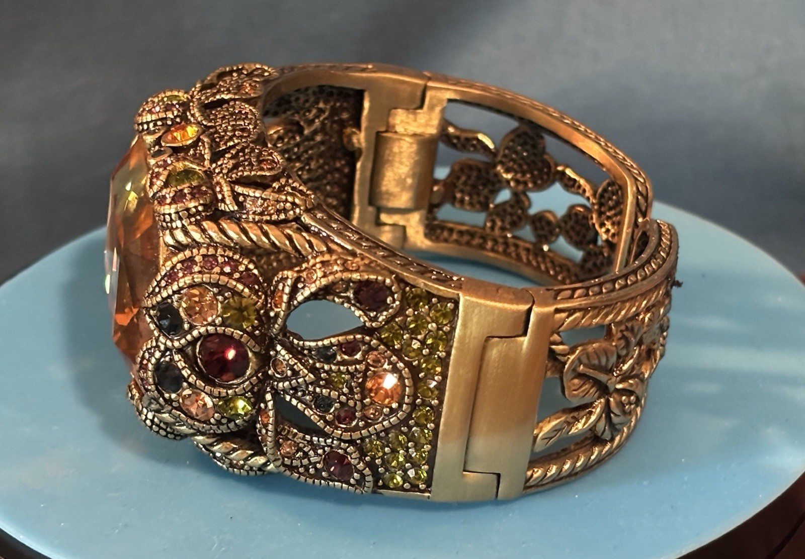 Heidi Daus Signed Adjustable Bracelet & Ring Set Gold Tone Orange Crystal
