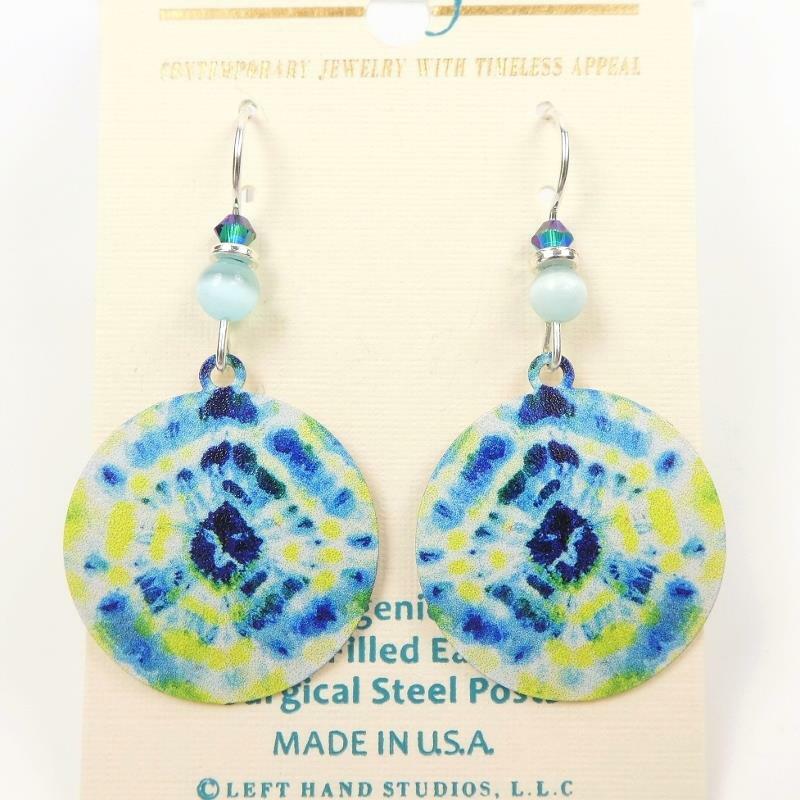 Adajio Earrings Sterling Silver Hook Yellow and Blue Tie Dye Disc Handmade 8014