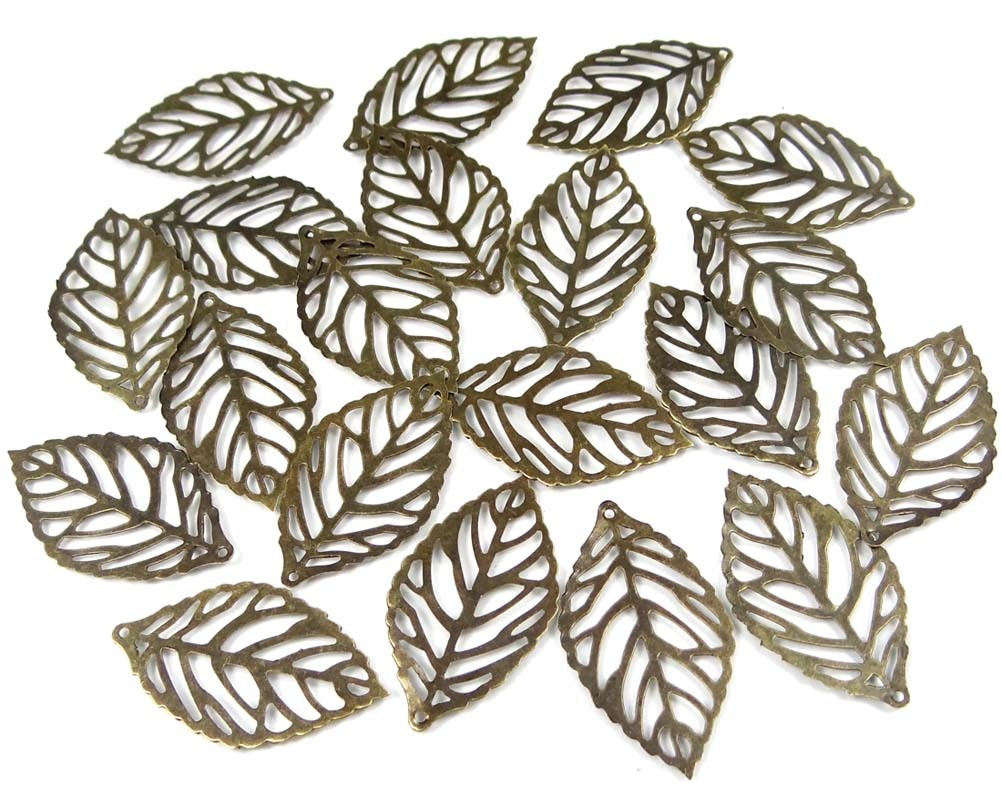 20 Antiqued Bronze Filigree Leaf Stamp Focal Pendant 35x20mm