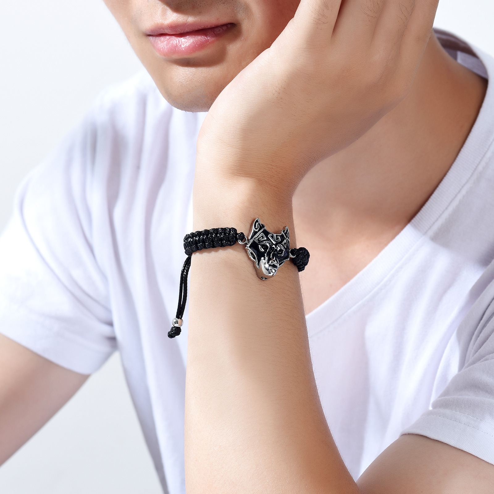 Adjustable Manmade Braided Ashes Wolf Head Urn Bracelet Cremation Memorial Gifts