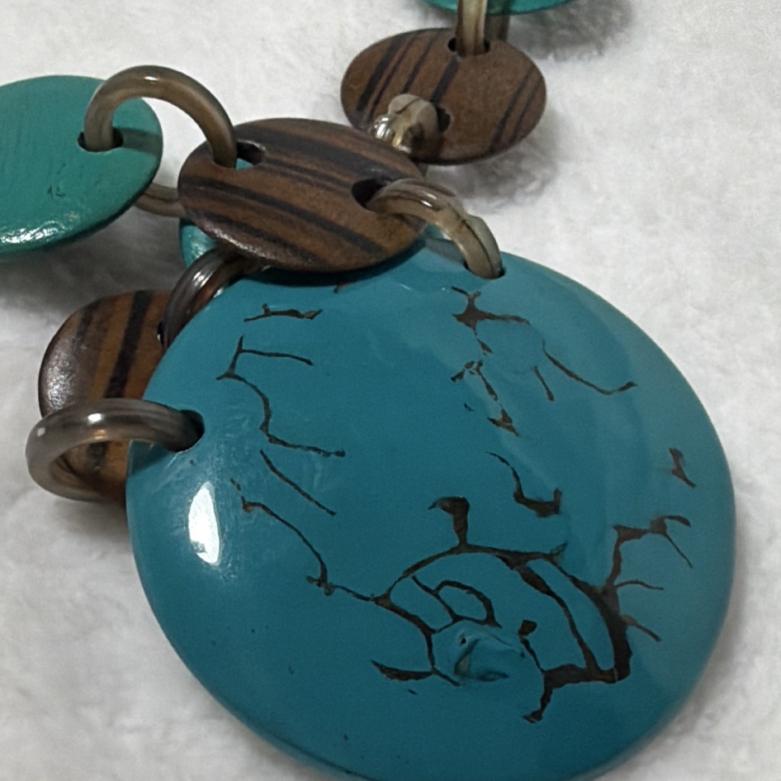 Blue Brown Beaded Statement Necklace Wood Resin Adjustable Lobster 19-24 in
