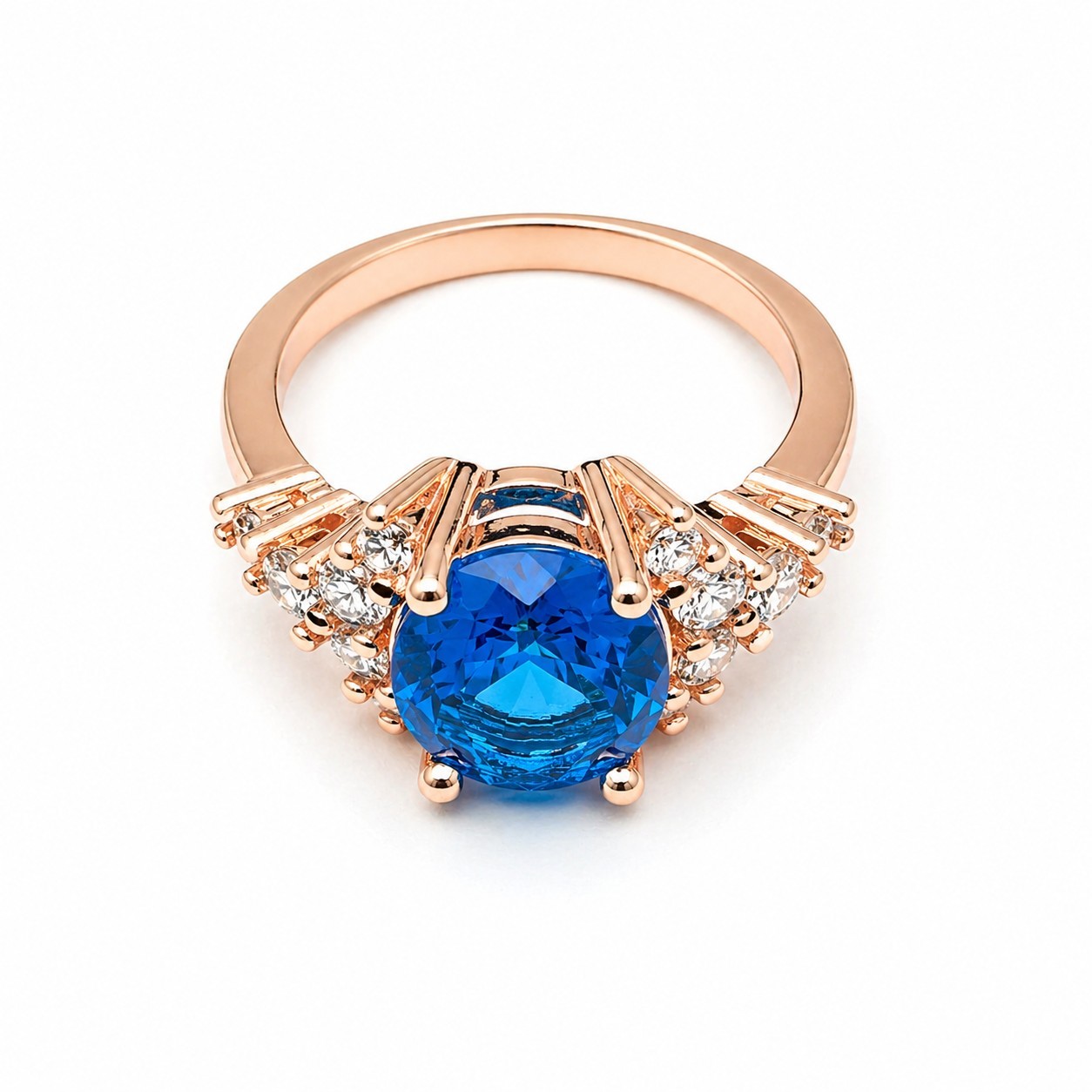Blue Oval Gemstone Ring – Halo Cluster Setting Rose Gold Tone Size 6