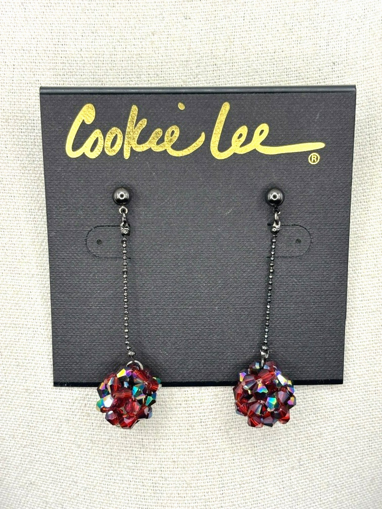Cookie Lee Red Aurora Borealis Glass Bead Ball Drop Gunmetal Tone Earrings NWT