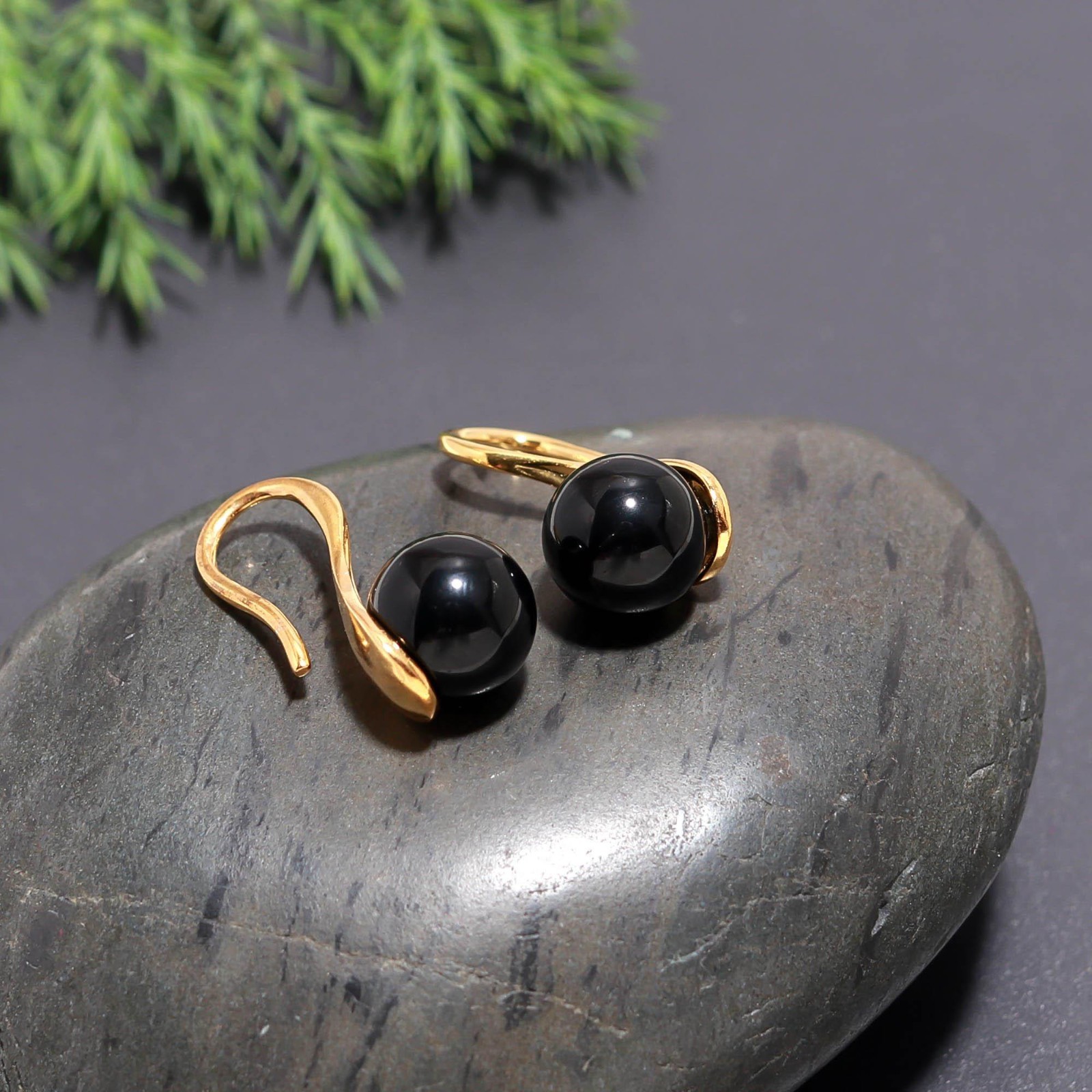 Natural Black Onyx Ball Dangle Earrings Gold Plated 925 Sterling Silver Jewelry