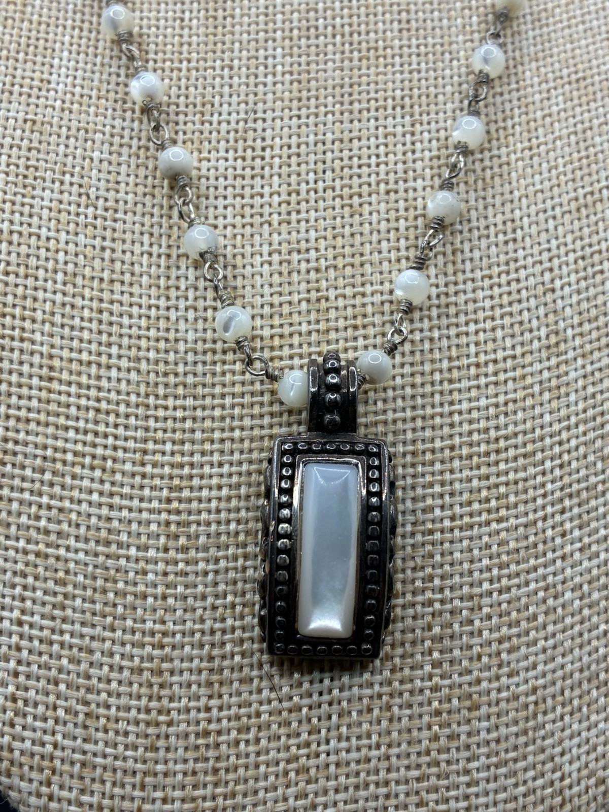 Sterling Silver 925 Beaded Rectangle White Stone Pendant Necklace Cable Chain