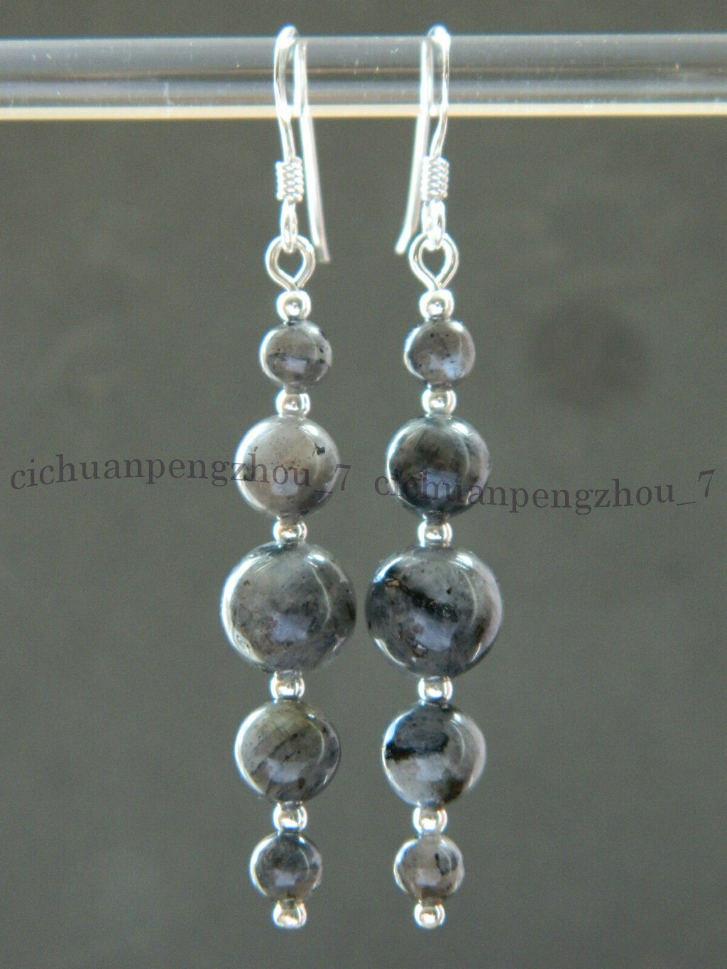 Natural 4mm 6mm 8mm Gray Labradorite Round Gemstone Beaded Dangle Hook Earrings