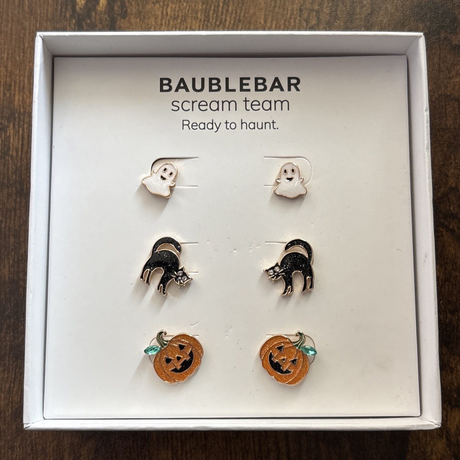 Baublebar Scream Team 3 Pair Stud Earring Set Ghost, Black Cat & Pumpkin NIB