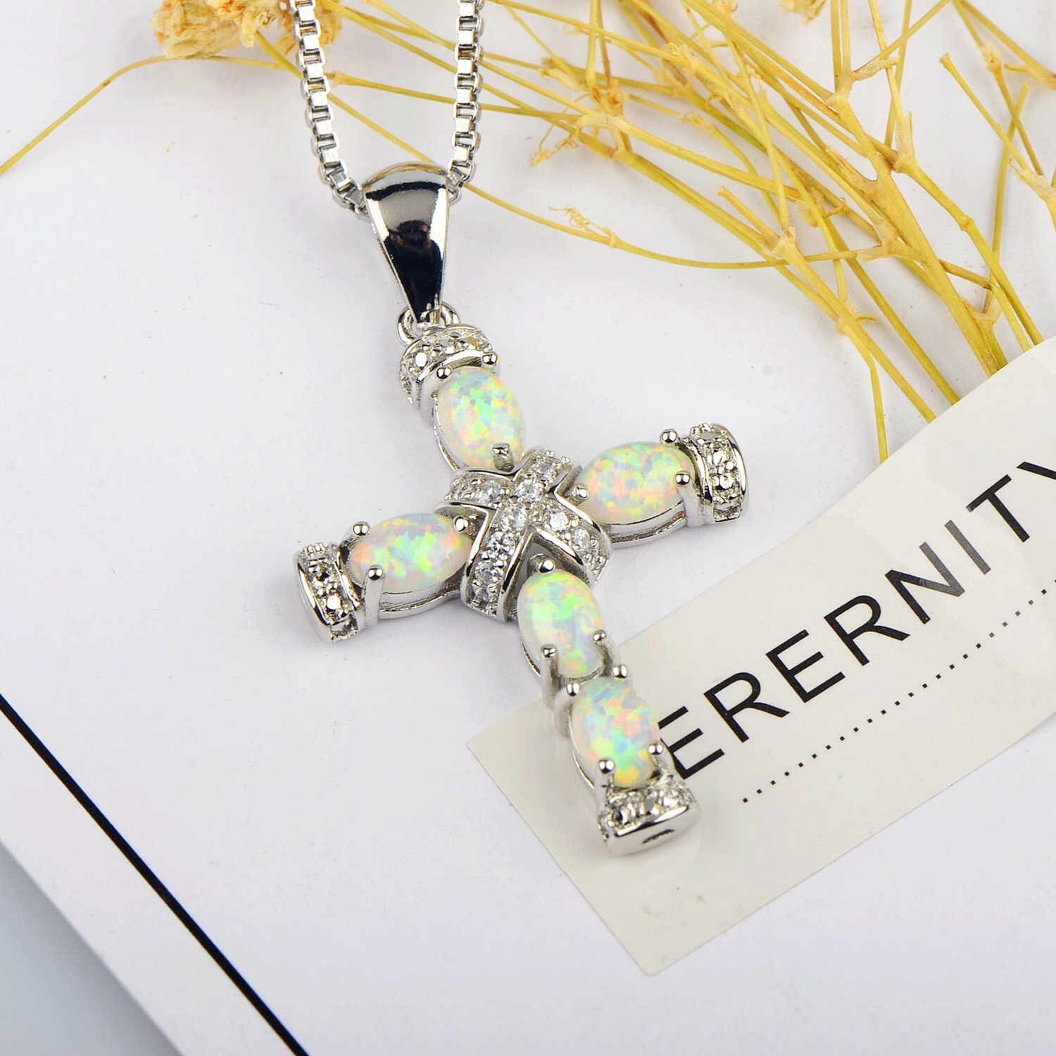 Hawaii White Fire Opal Cross Necklace pendants Silver Filled Women Girls Charm