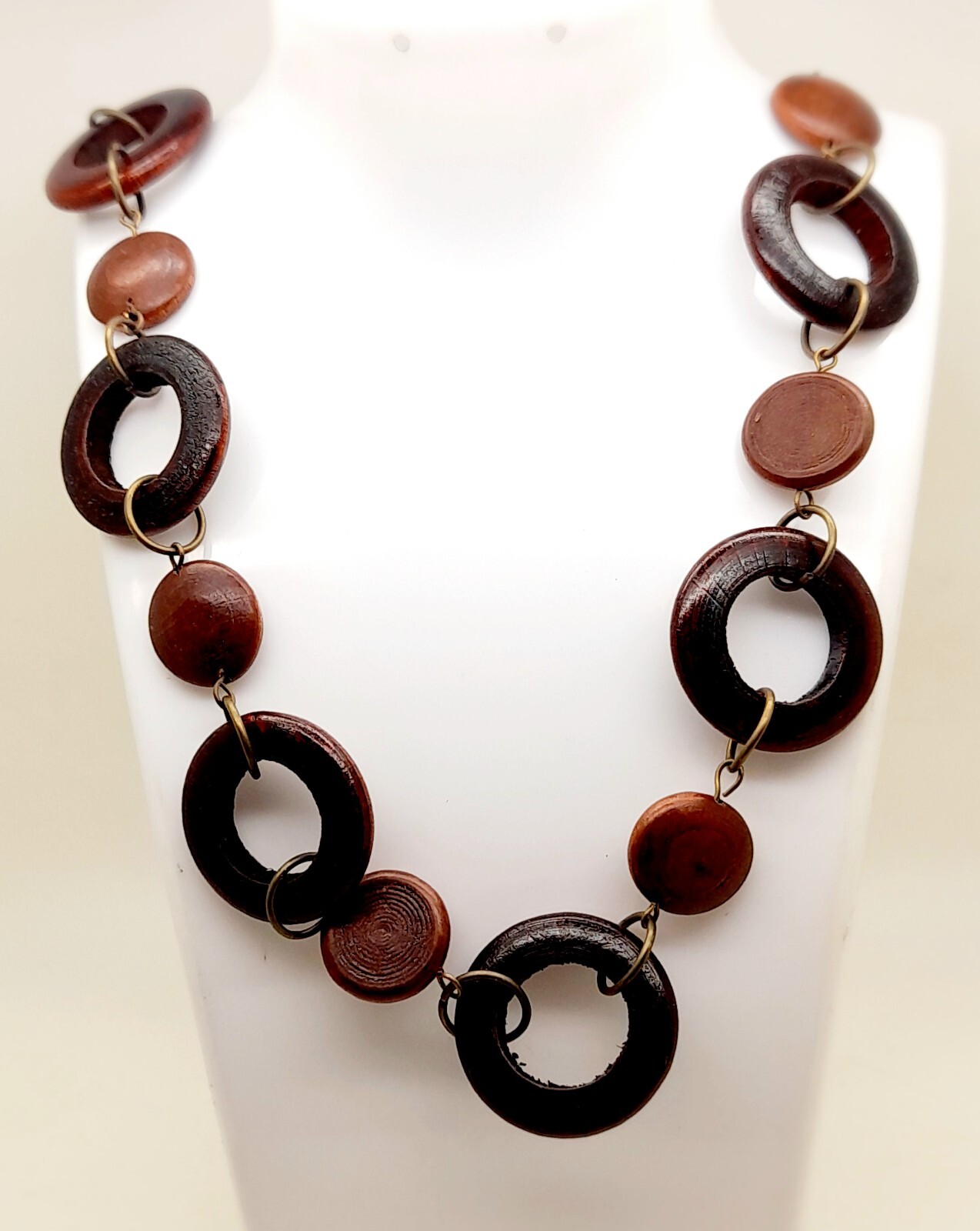 bohemian Style Dark brown wood ring & antique gold link fashion Long Necklace